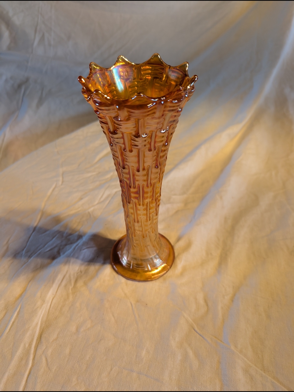 2/80$ Iridescent Amber Carnival Glass Trumpet Vase - Dugan